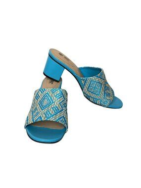 Avon Cushion Walk Slides Sandal Block Heel Womens 10 Blue Straw Weave Mules New